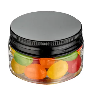 RW Base 1 oz Round Clear Plastic Candy and Snack Jar - with Black Aluminum Lid - 2" x 2" x 1 1/4" - 10 count box