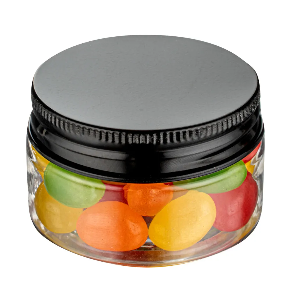 RW Base 1 oz Round Clear Plastic Candy and Snack Jar - with Black Aluminum Lid - 2" x 2" x 1 1/4" - 10 count box