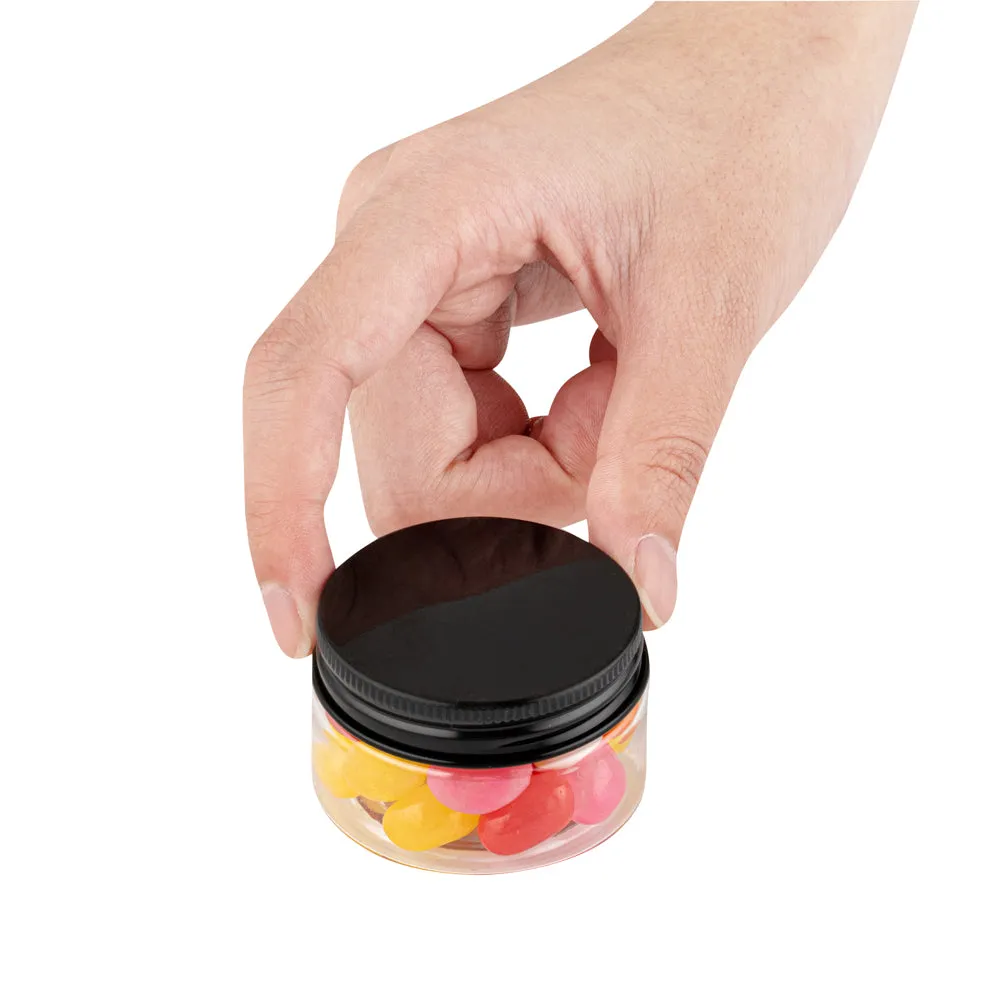 RW Base 1 oz Round Clear Plastic Candy and Snack Jar - with Black Aluminum Lid - 2" x 2" x 1 1/4" - 10 count box