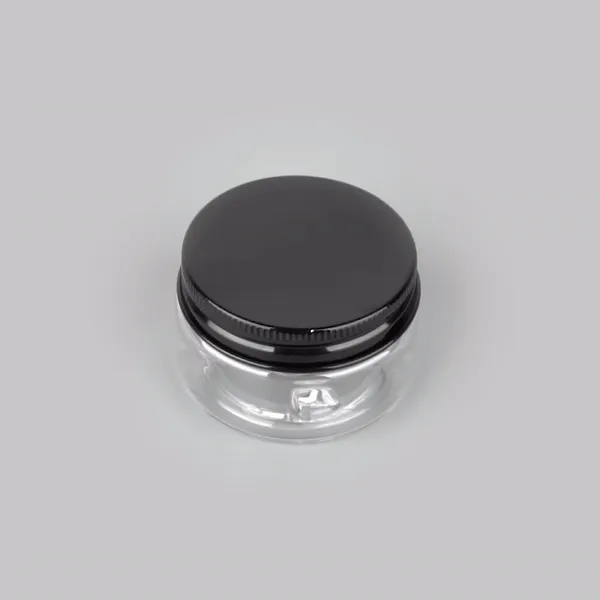 RW Base 1 oz Round Clear Plastic Candy and Snack Jar - with Black Aluminum Lid - 2" x 2" x 1 1/4" - 10 count box