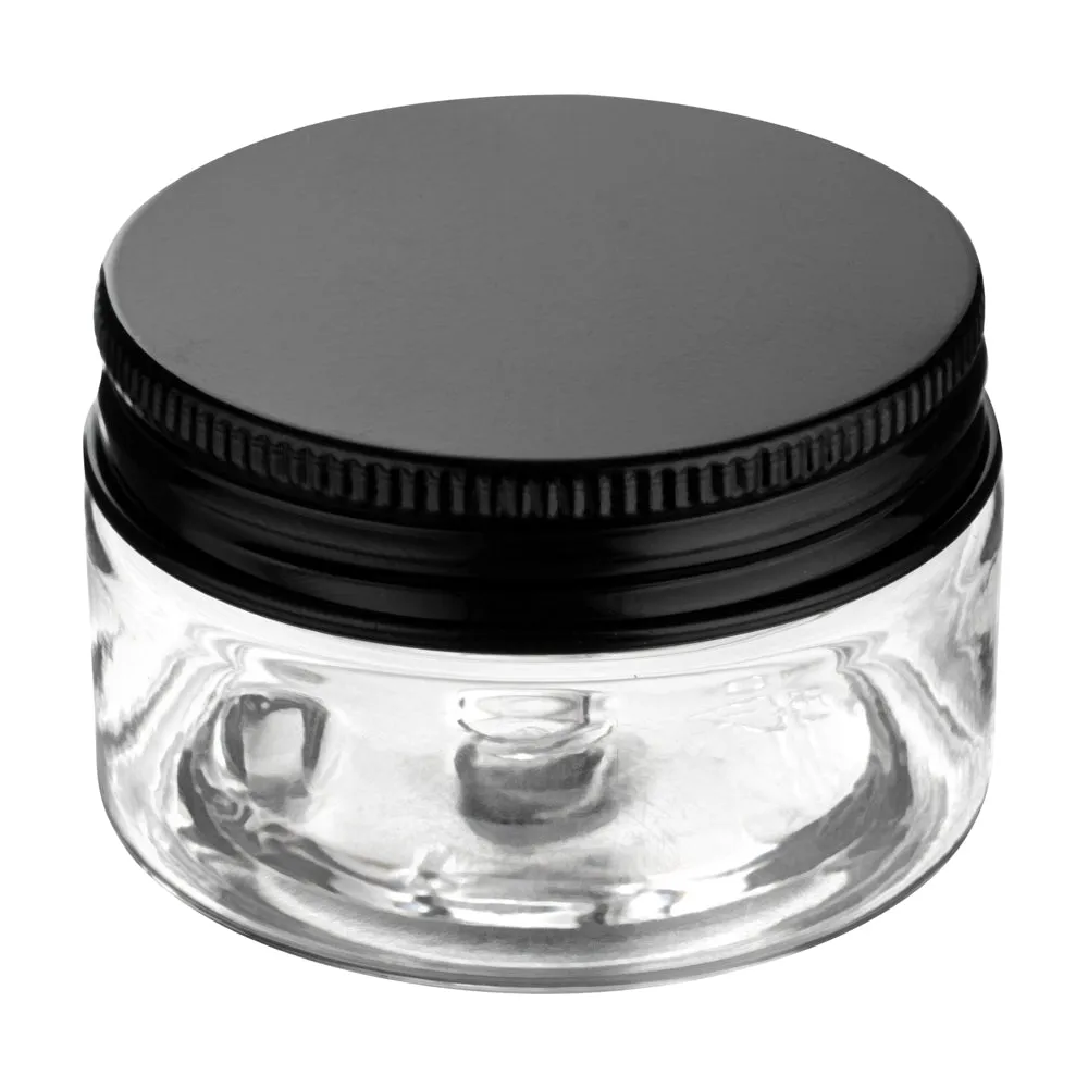 RW Base 1 oz Round Clear Plastic Candy and Snack Jar - with Black Aluminum Lid - 2" x 2" x 1 1/4" - 10 count box
