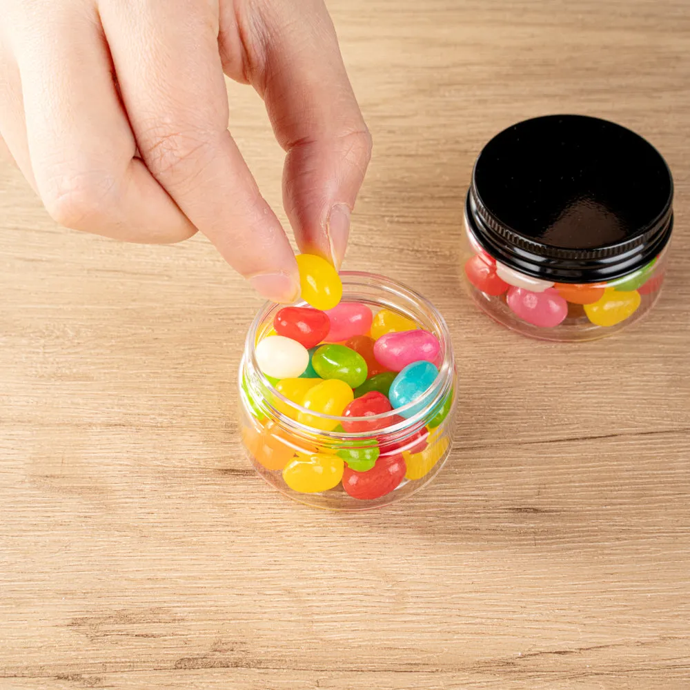 RW Base 1 oz Round Clear Plastic Candy and Snack Jar - with Black Aluminum Lid - 2" x 2" x 1 1/4" - 10 count box