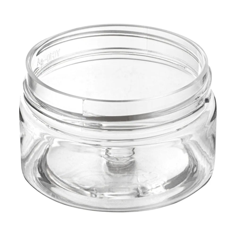 RW Base 1 oz Round Clear Plastic Candy and Snack Jar - with Black Aluminum Lid - 2" x 2" x 1 1/4" - 10 count box