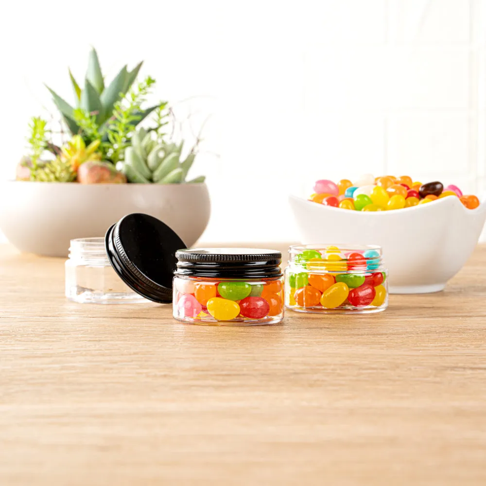 RW Base 1 oz Round Clear Plastic Candy and Snack Jar - with Black Aluminum Lid - 2" x 2" x 1 1/4" - 10 count box