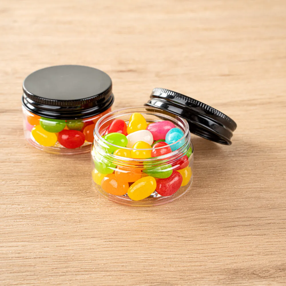 RW Base 1 oz Round Clear Plastic Candy and Snack Jar - with Black Aluminum Lid - 2" x 2" x 1 1/4" - 10 count box