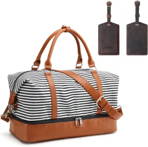 S-ZONE Women Canvas Weekender Bag Overnight with Leather Luggage Label Tags