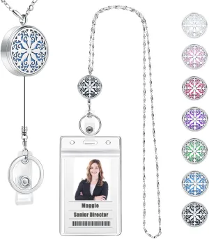 SAM & LORI Strong Retractable Pretty Lanyard Necklace for ID Badges Holder and Keys Stainless Steel Metal Lanyard Necklace Silver Chain with Badge Clip for Women Teachers Nurse Mandala