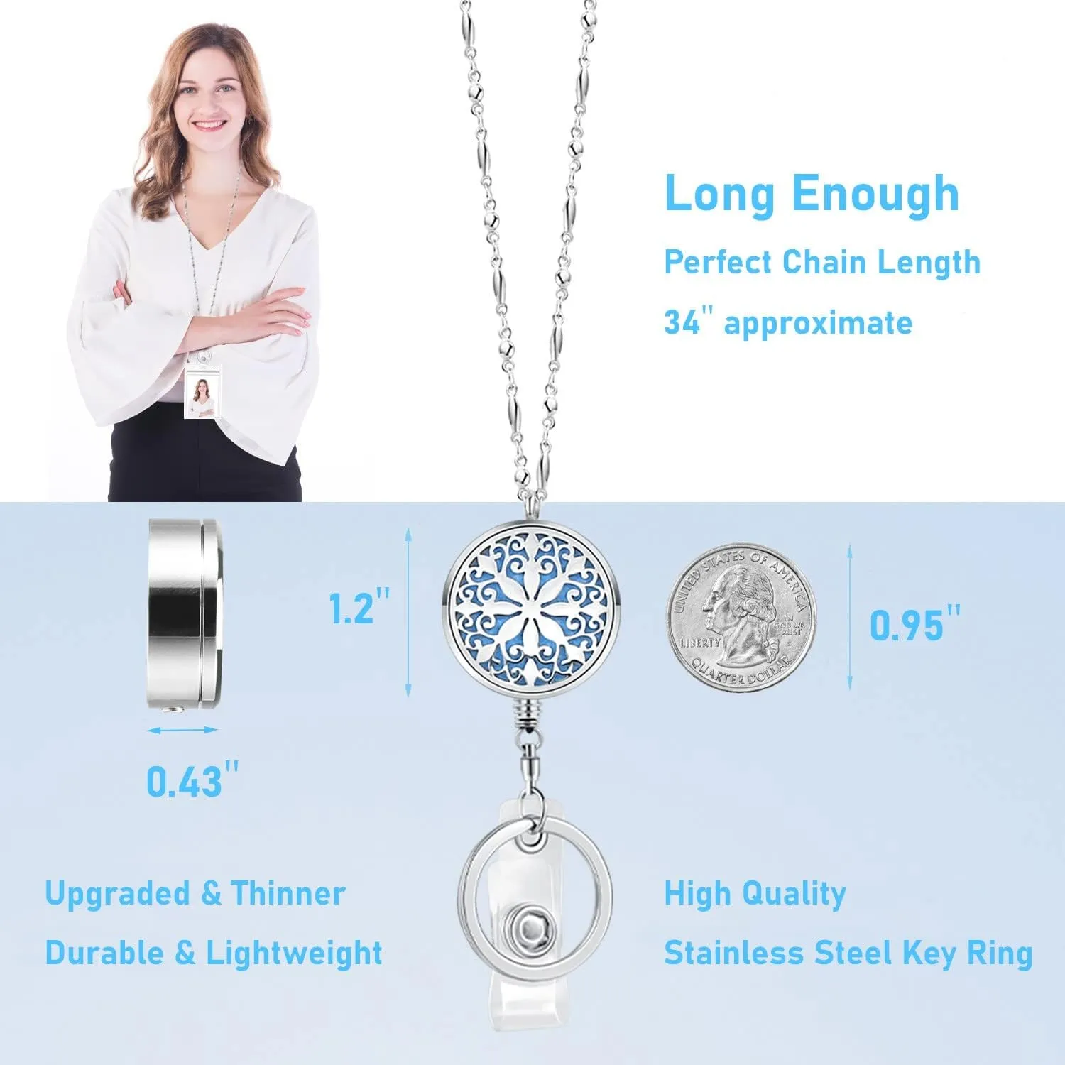SAM & LORI Strong Retractable Pretty Lanyard Necklace for ID Badges Holder and Keys Stainless Steel Metal Lanyard Necklace Silver Chain with Badge Clip for Women Teachers Nurse Mandala