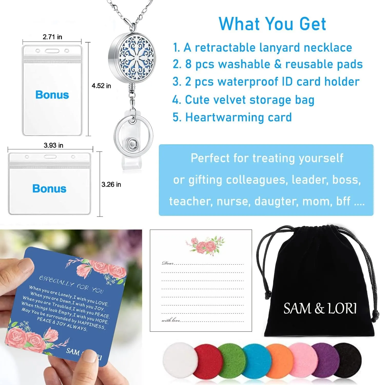 SAM & LORI Strong Retractable Pretty Lanyard Necklace for ID Badges Holder and Keys Stainless Steel Metal Lanyard Necklace Silver Chain with Badge Clip for Women Teachers Nurse Mandala