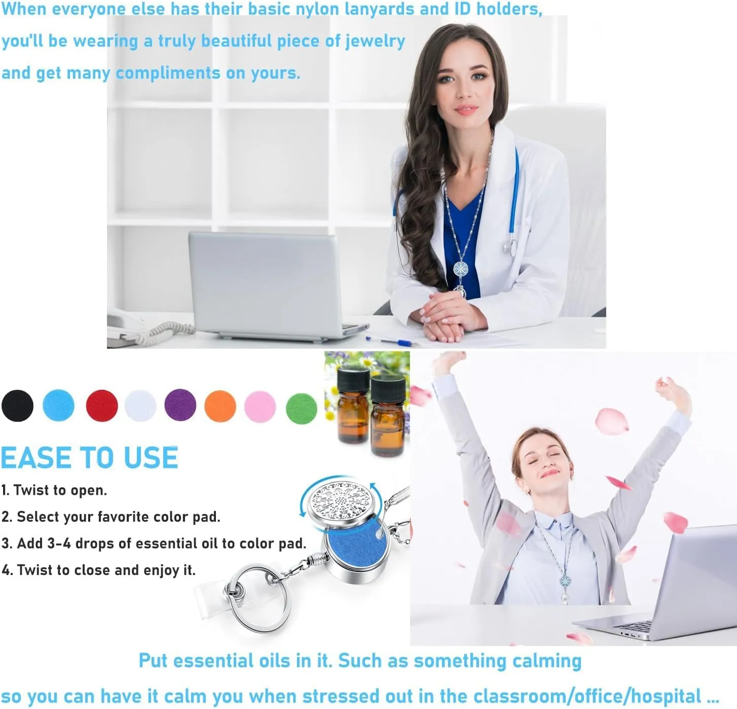SAM & LORI Strong Retractable Pretty Lanyard Necklace for ID Badges Holder and Keys Stainless Steel Metal Lanyard Necklace Silver Chain with Badge Clip for Women Teachers Nurse Mandala