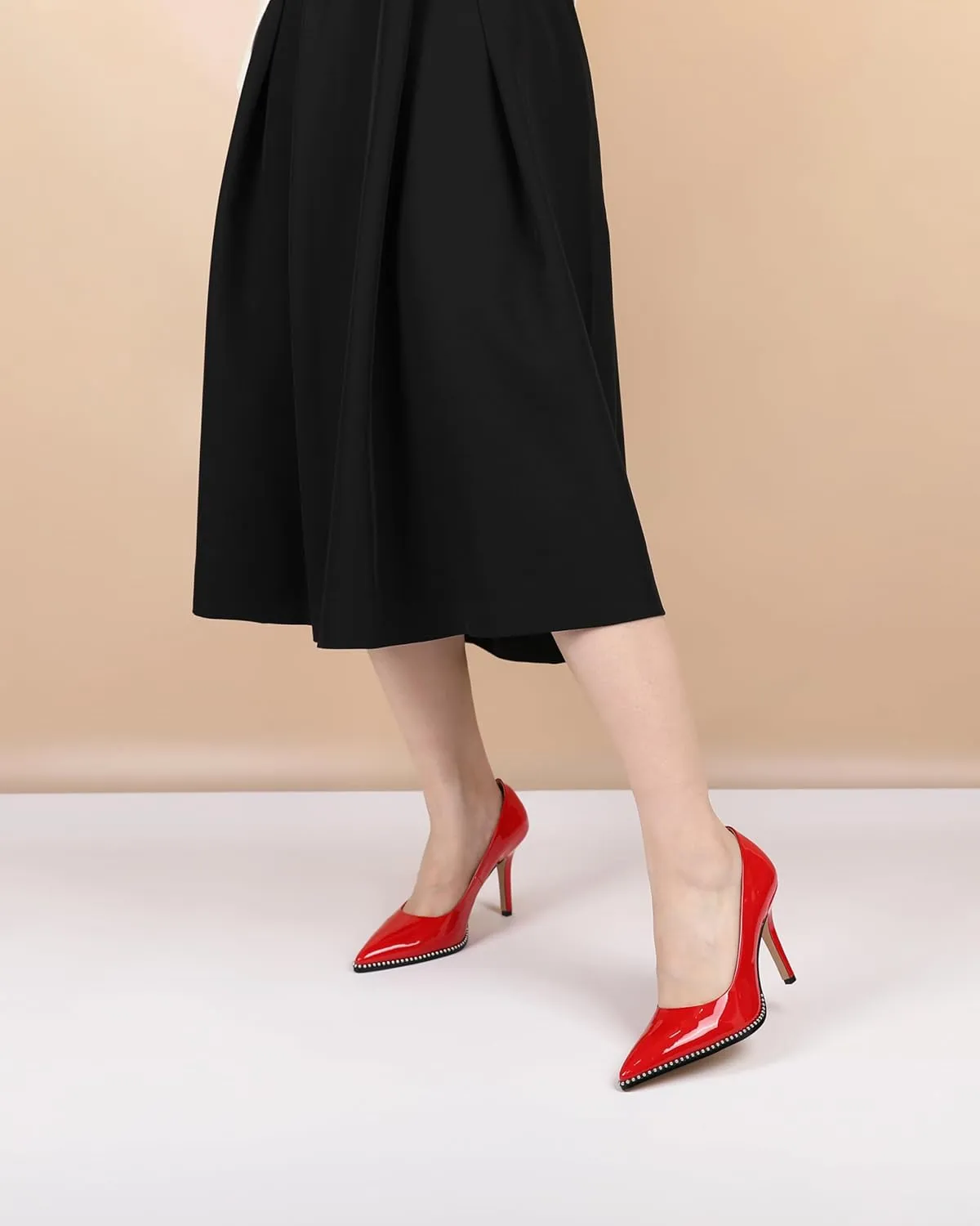 SAMMITOP Women Beaded Pumps Closed Pointed Toe High Heel Slip On Stilettos 3.5 Inch Sexy Heeled Dress Shoes Patent Leather