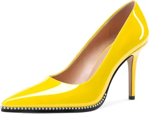 SAMMITOP Women Beaded Pumps Closed Pointed Toe High Heel Slip On Stilettos 3.5 Inch Sexy Heeled Dress Shoes Patent Leather