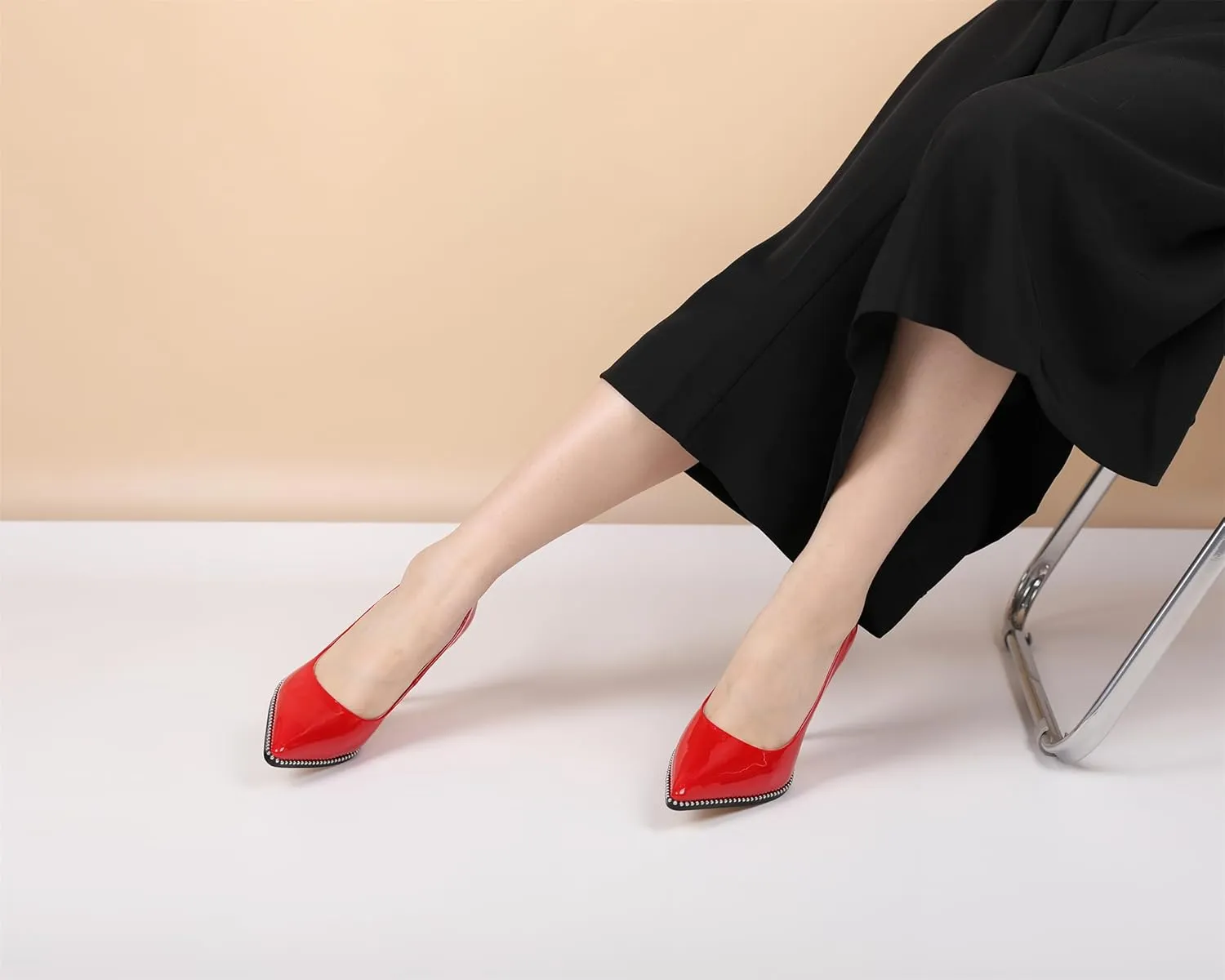 SAMMITOP Women Beaded Pumps Closed Pointed Toe High Heel Slip On Stilettos 3.5 Inch Sexy Heeled Dress Shoes Patent Leather