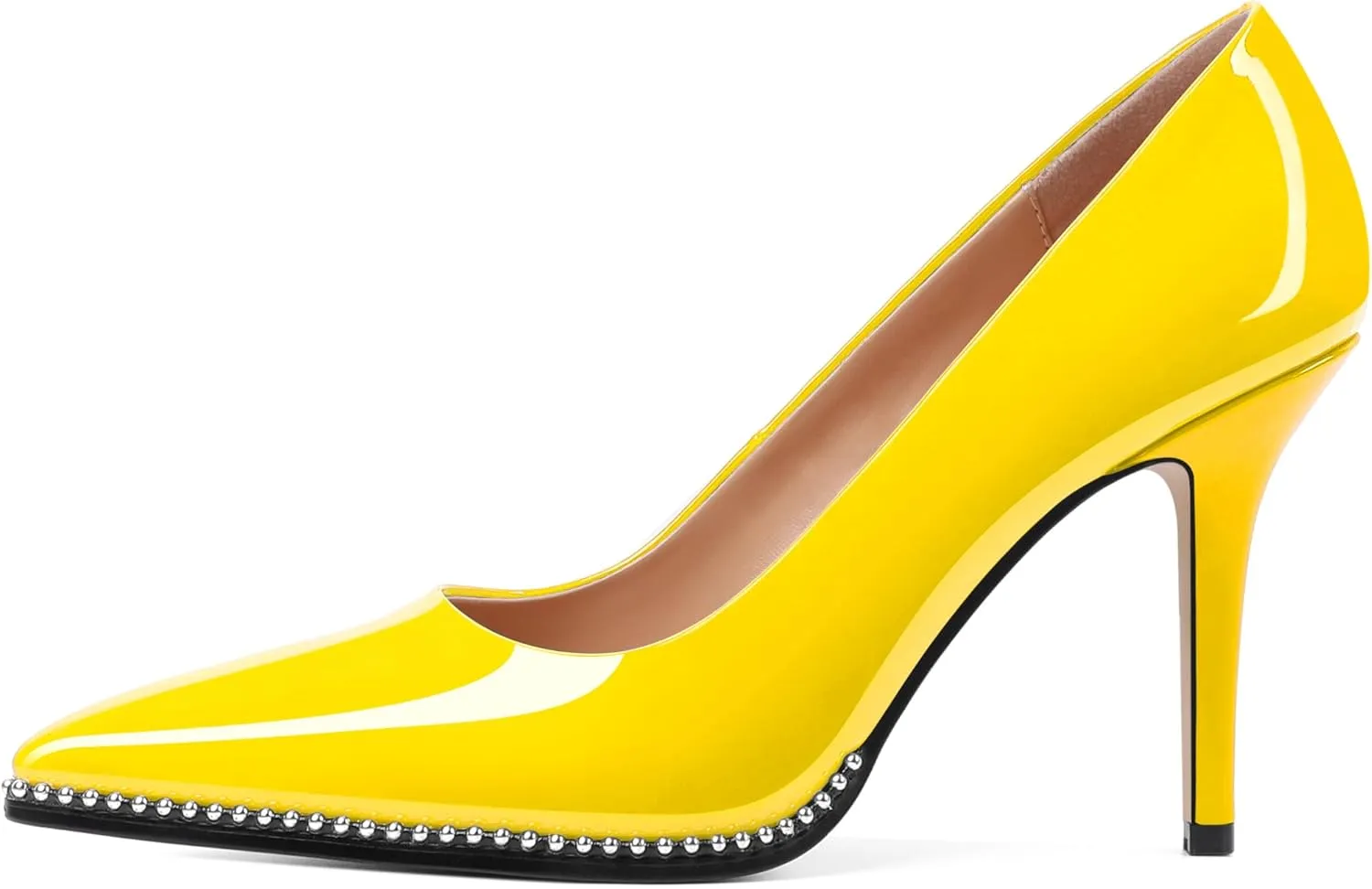 SAMMITOP Women Beaded Pumps Closed Pointed Toe High Heel Slip On Stilettos 3.5 Inch Sexy Heeled Dress Shoes Patent Leather