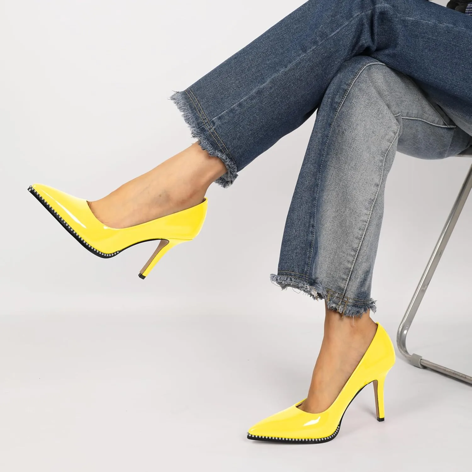 SAMMITOP Women Beaded Pumps Closed Pointed Toe High Heel Slip On Stilettos 3.5 Inch Sexy Heeled Dress Shoes Patent Leather