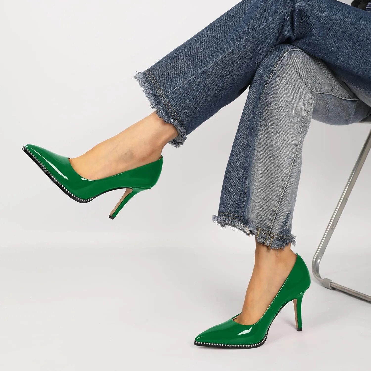 SAMMITOP Women Beaded Pumps Closed Pointed Toe High Heel Slip On Stilettos 3.5 Inch Sexy Heeled Dress Shoes Patent Leather