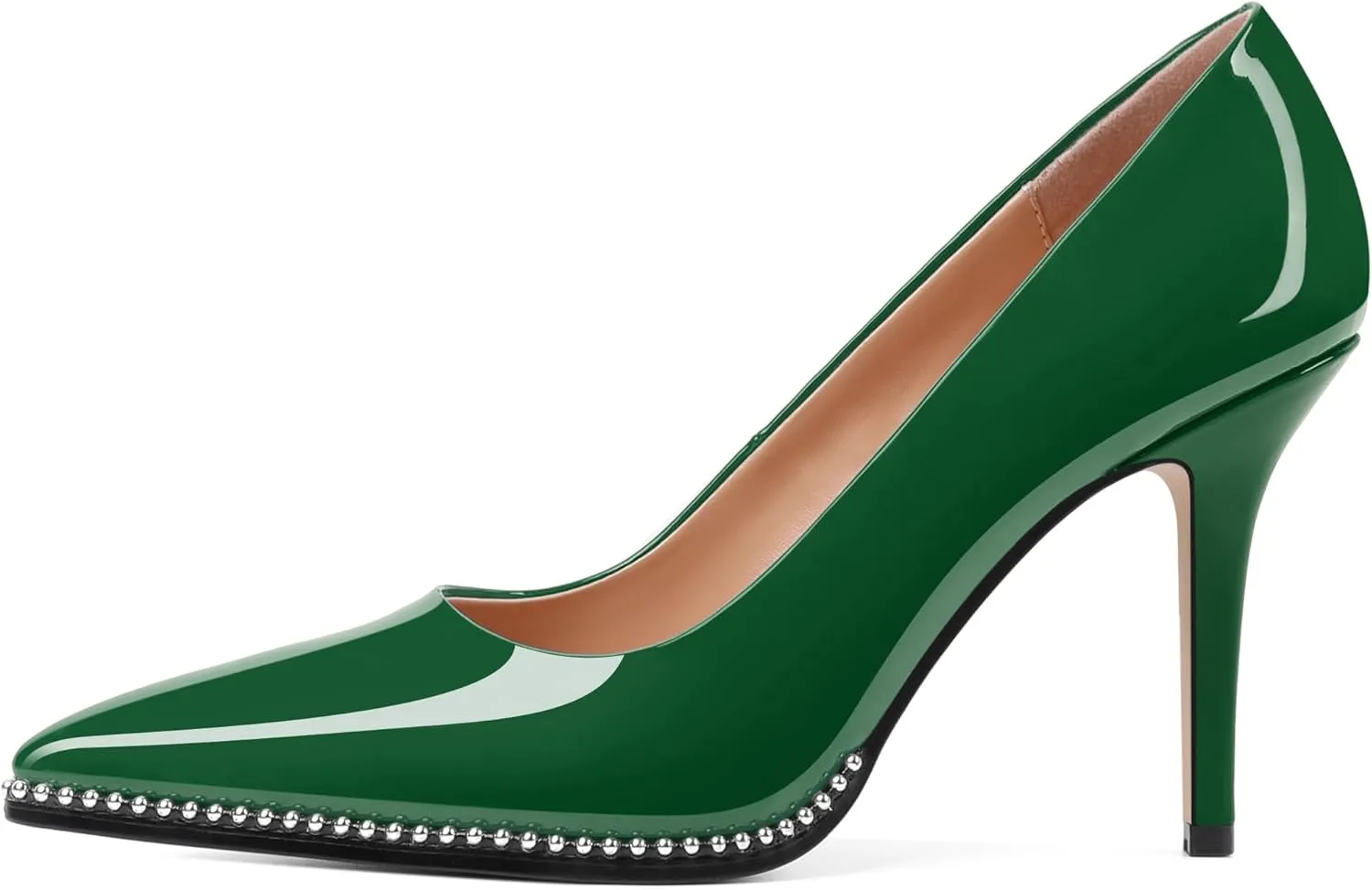 SAMMITOP Women Beaded Pumps Closed Pointed Toe High Heel Slip On Stilettos 3.5 Inch Sexy Heeled Dress Shoes Patent Leather