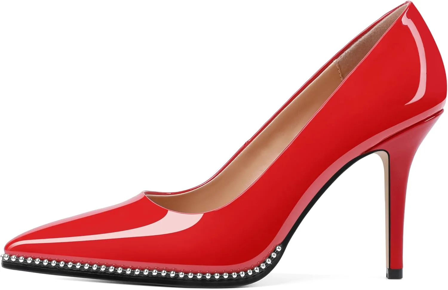 SAMMITOP Women Beaded Pumps Closed Pointed Toe High Heel Slip On Stilettos 3.5 Inch Sexy Heeled Dress Shoes Patent Leather