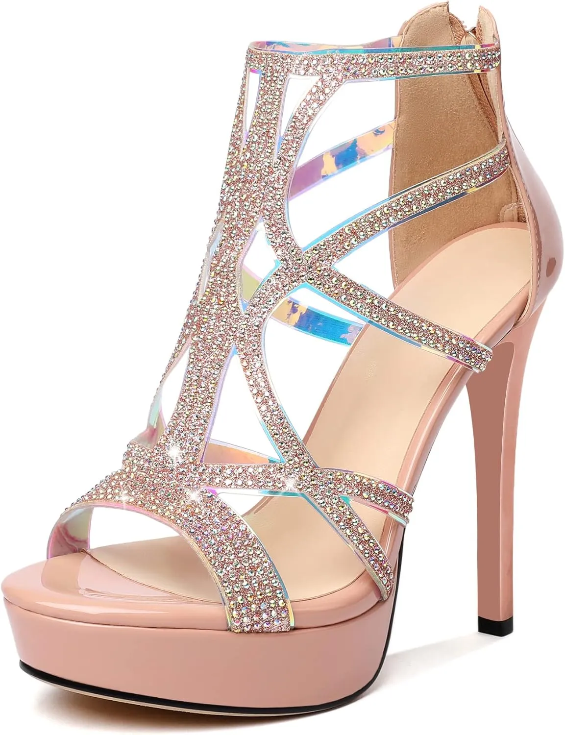 SAMMITOP Women's High Heel Sandals with Rinestones, Sexy Gladiator Platform Sandals, Open Toe Strappy Pumps shoes for Party Event Night Dress