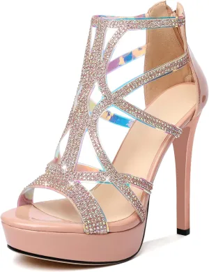 SAMMITOP Women's High Heel Sandals with Rinestones, Sexy Gladiator Platform Sandals, Open Toe Strappy Pumps shoes for Party Event Night Dress
