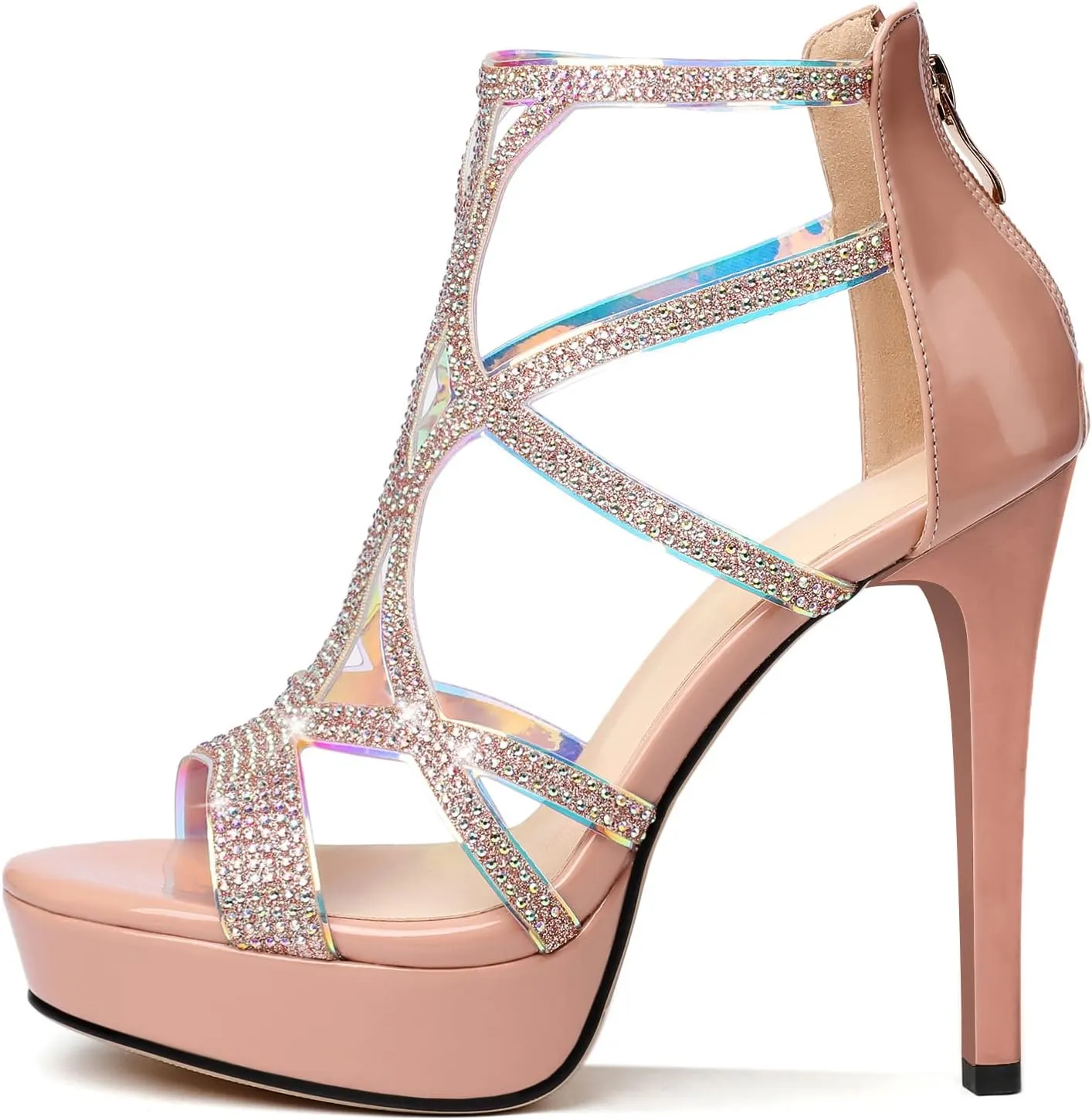 SAMMITOP Women's High Heel Sandals with Rinestones, Sexy Gladiator Platform Sandals, Open Toe Strappy Pumps shoes for Party Event Night Dress