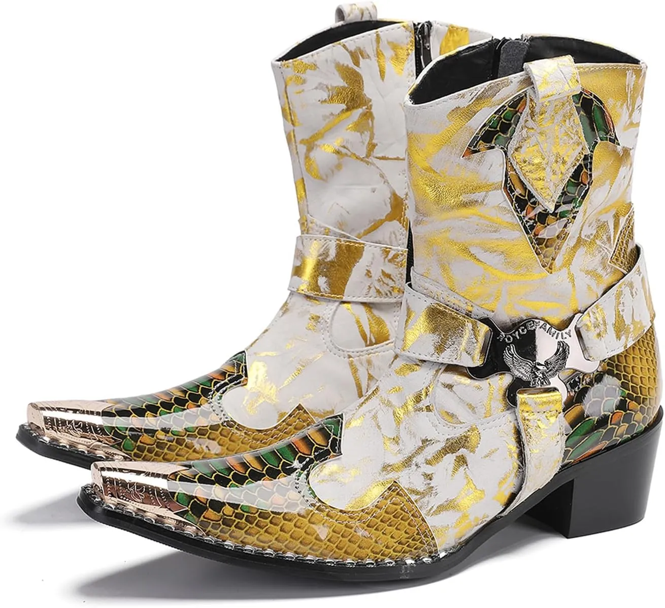 Santimon Cowboy Boot for Men Dress Casual Genuine Leather High Top Boots Metal Wingtip Zipper on Size Western Boots Fashion Wedding Singer Bar Party Ballroom Personalized Chelsea Boots