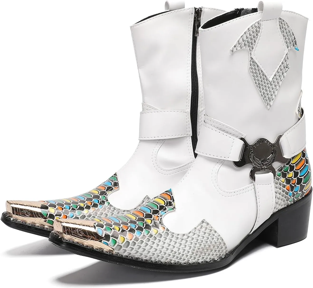 Santimon Cowboy Boot for Men Dress Casual Genuine Leather High Top Boots Metal Wingtip Zipper on Size Western Boots Fashion Wedding Singer Bar Party Ballroom Personalized Chelsea Boots