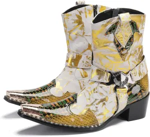 Santimon Cowboy Boot for Men Dress Casual Genuine Leather High Top Boots Metal Wingtip Zipper on Size Western Boots Fashion Wedding Singer Bar Party Ballroom Personalized Chelsea Boots