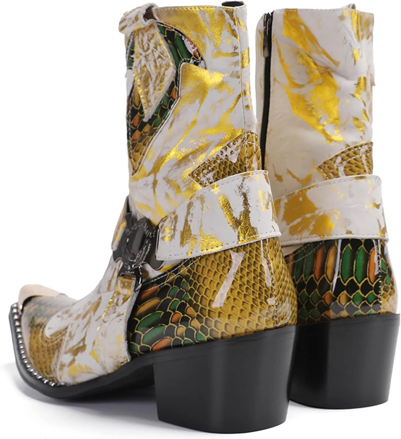 Santimon Cowboy Boot for Men Dress Casual Genuine Leather High Top Boots Metal Wingtip Zipper on Size Western Boots Fashion Wedding Singer Bar Party Ballroom Personalized Chelsea Boots