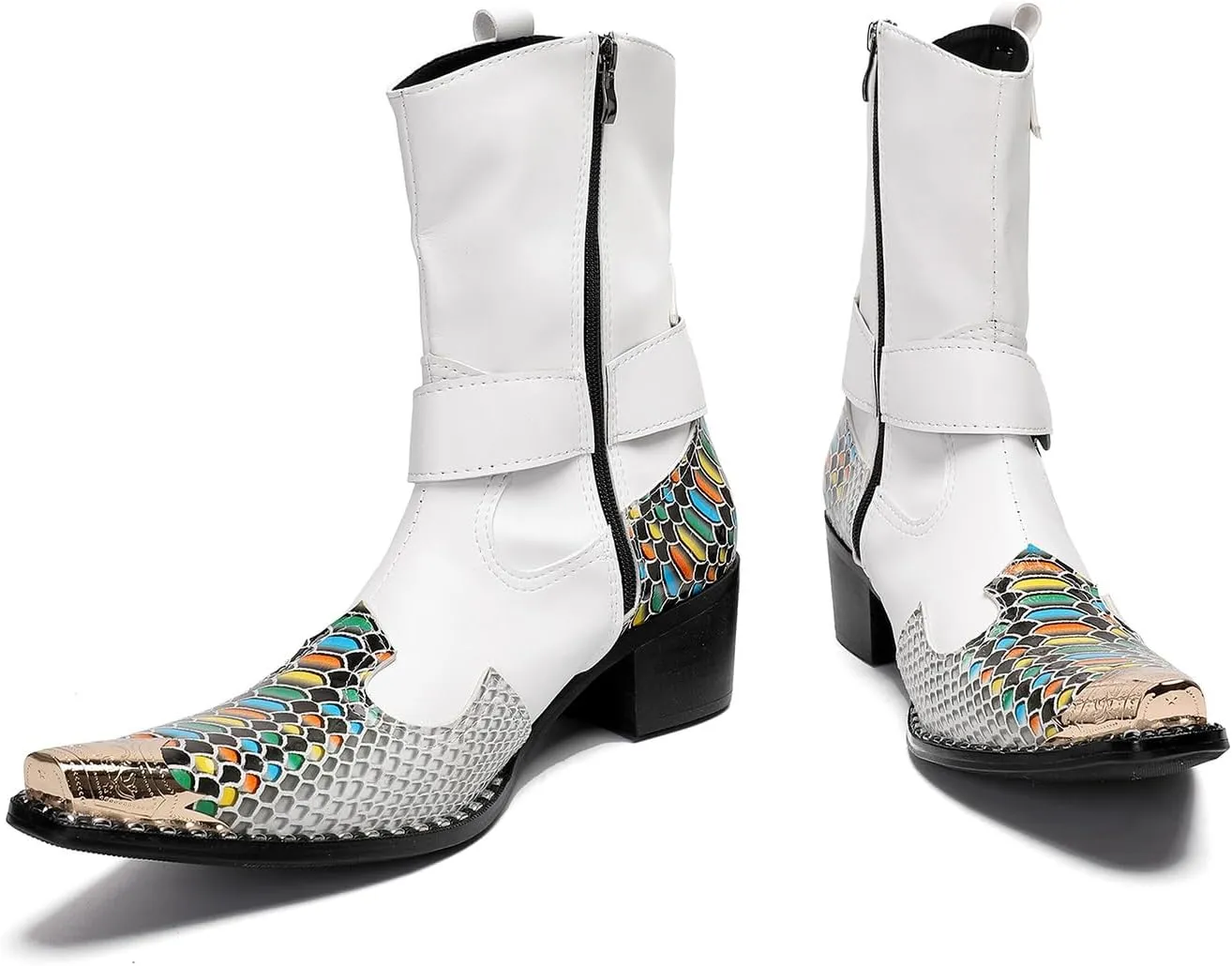 Santimon Cowboy Boot for Men Dress Casual Genuine Leather High Top Boots Metal Wingtip Zipper on Size Western Boots Fashion Wedding Singer Bar Party Ballroom Personalized Chelsea Boots