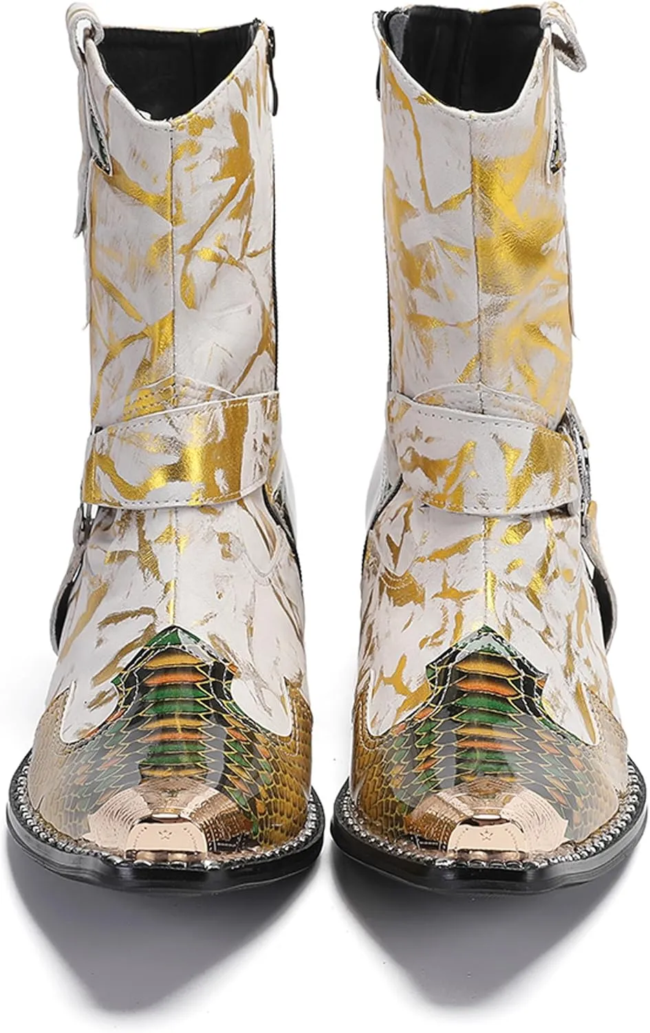 Santimon Cowboy Boot for Men Dress Casual Genuine Leather High Top Boots Metal Wingtip Zipper on Size Western Boots Fashion Wedding Singer Bar Party Ballroom Personalized Chelsea Boots