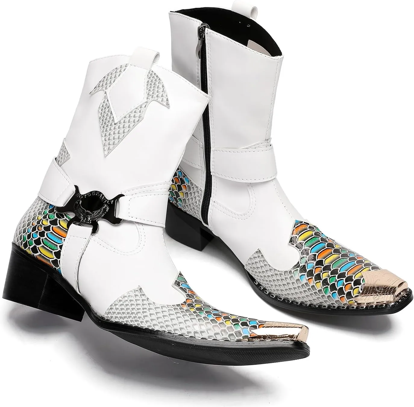 Santimon Cowboy Boot for Men Dress Casual Genuine Leather High Top Boots Metal Wingtip Zipper on Size Western Boots Fashion Wedding Singer Bar Party Ballroom Personalized Chelsea Boots
