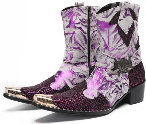 Santimon Cowboy Boot for Men Dress Casual Genuine Leather High Top Boots Metal Wingtip Zipper on Size Western Boots Fashion Wedding Singer Bar Party Ballroom Personalized Chelsea Boots
