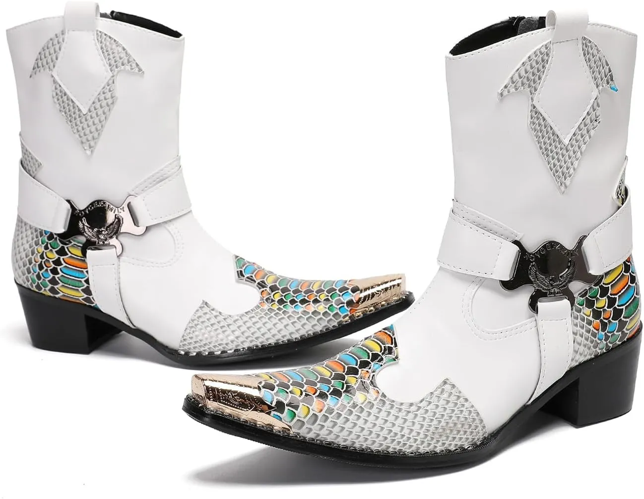 Santimon Cowboy Boot for Men Dress Casual Genuine Leather High Top Boots Metal Wingtip Zipper on Size Western Boots Fashion Wedding Singer Bar Party Ballroom Personalized Chelsea Boots