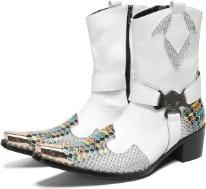 Santimon Cowboy Boot for Men Dress Casual Genuine Leather High Top Boots Metal Wingtip Zipper on Size Western Boots Fashion Wedding Singer Bar Party Ballroom Personalized Chelsea Boots