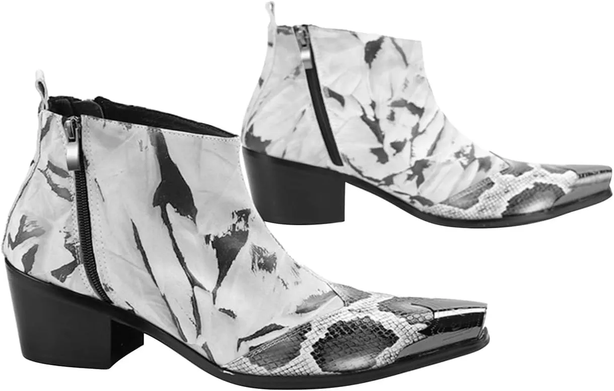Santimon Mens Chelsea Boots Dress Casual Party Metal Tip Toe Genuine Leather Double Zipper Snake Skin Texture Ankle Boots Fashion Western Cowboy Disco Ballroom Wedding Prom Chukka Boots