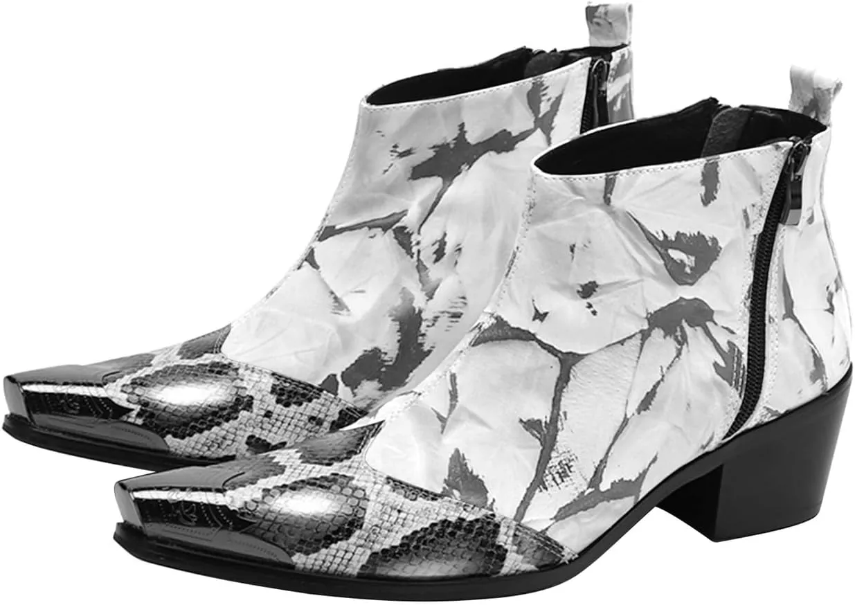 Santimon Mens Chelsea Boots Dress Casual Party Metal Tip Toe Genuine Leather Double Zipper Snake Skin Texture Ankle Boots Fashion Western Cowboy Disco Ballroom Wedding Prom Chukka Boots