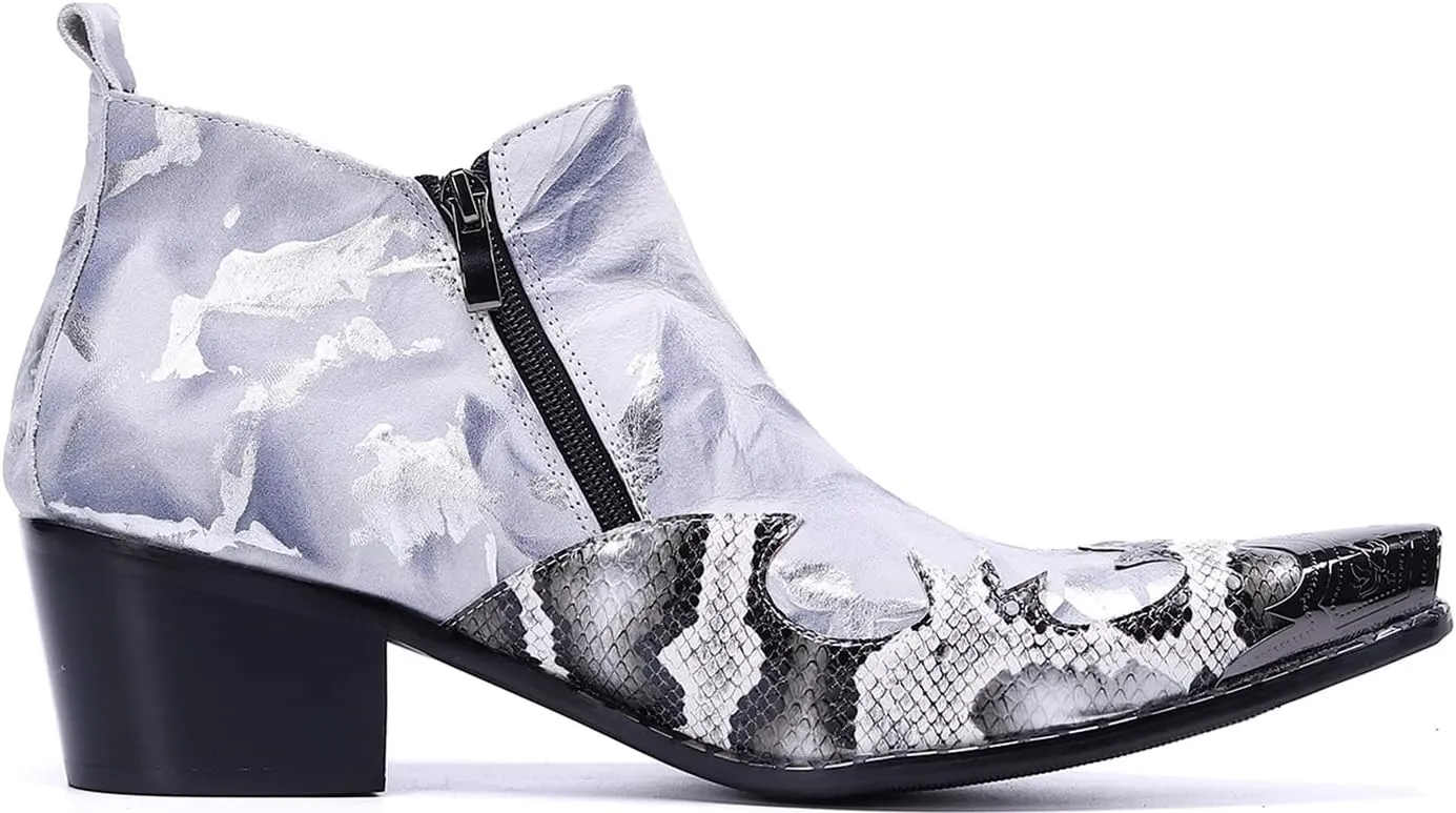 Santimon Men's Chelsea Boots - Leather Western Ankle Boots with Metal Tip-Toe, Buckles & Zipper - Two-Tone Dress & Casual Boots for Party, Disco, Wedding, Prom & Singer