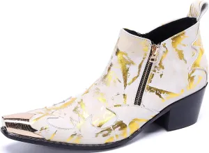 Santimon Men's Chelsea Boots - Leather Western Ankle Boots with Metal Tip-Toe, Buckles & Zipper - Two-Tone Dress & Casual Boots for Party, Disco, Wedding, Prom & Singer