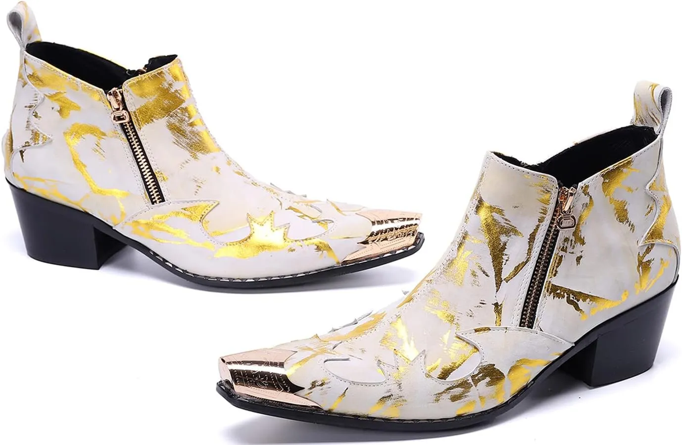 Santimon Men's Chelsea Boots - Leather Western Ankle Boots with Metal Tip-Toe, Buckles & Zipper - Two-Tone Dress & Casual Boots for Party, Disco, Wedding, Prom & Singer