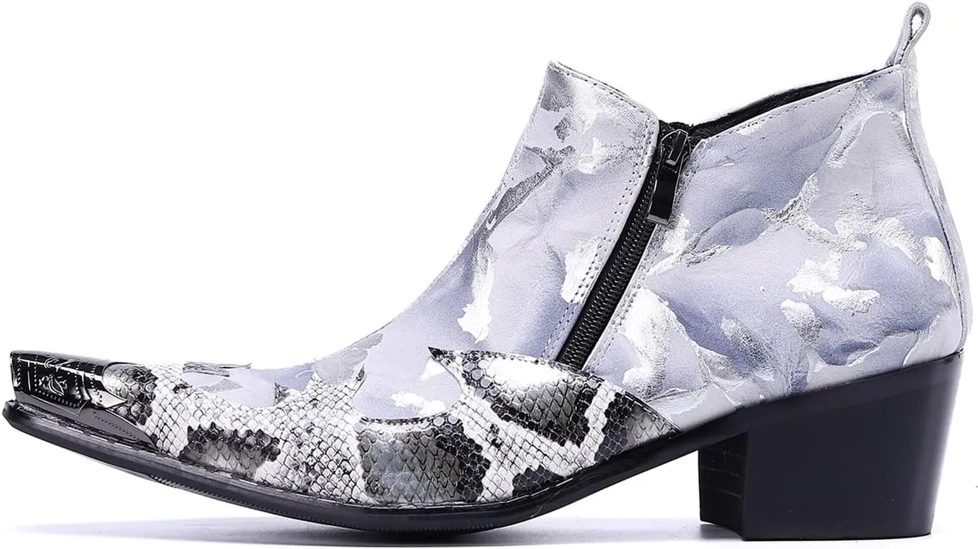 Santimon Men's Chelsea Boots - Leather Western Ankle Boots with Metal Tip-Toe, Buckles & Zipper - Two-Tone Dress & Casual Boots for Party, Disco, Wedding, Prom & Singer