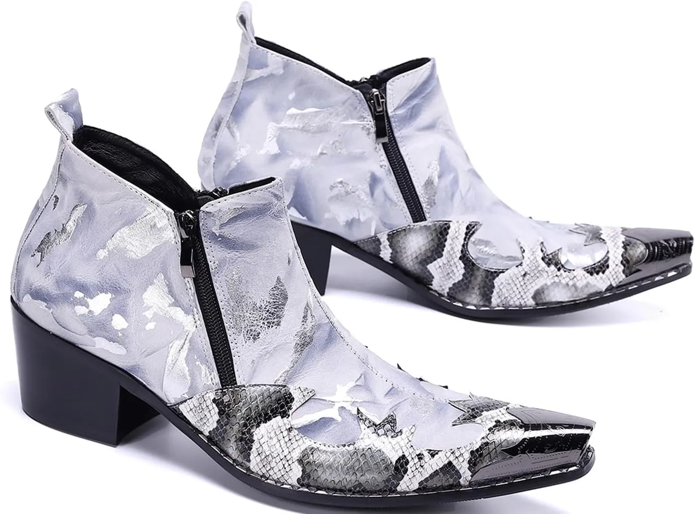 Santimon Men's Chelsea Boots - Leather Western Ankle Boots with Metal Tip-Toe, Buckles & Zipper - Two-Tone Dress & Casual Boots for Party, Disco, Wedding, Prom & Singer