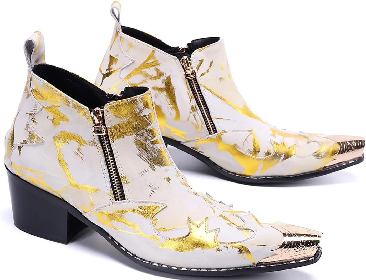 Santimon Men's Chelsea Boots - Leather Western Ankle Boots with Metal Tip-Toe, Buckles & Zipper - Two-Tone Dress & Casual Boots for Party, Disco, Wedding, Prom & Singer