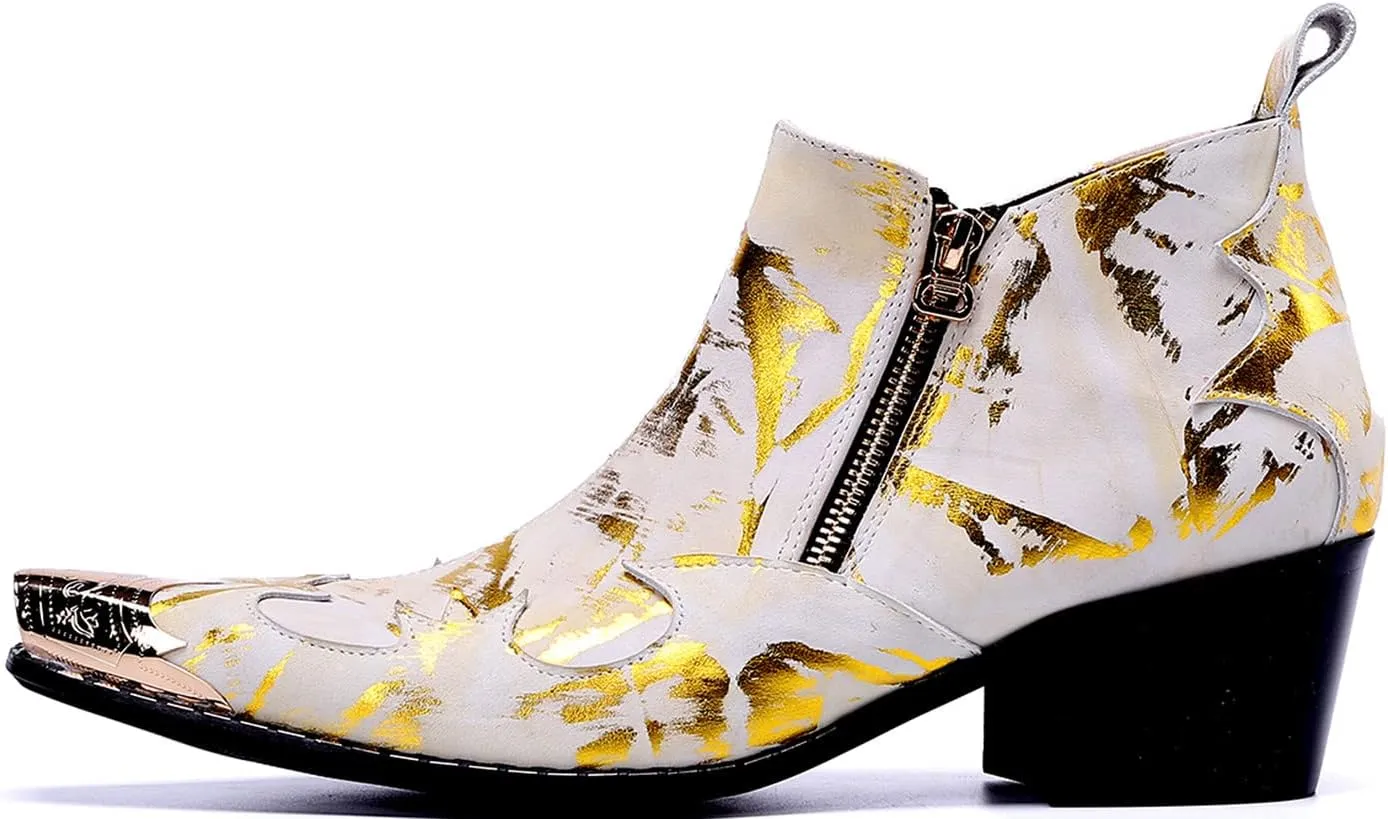 Santimon Men's Chelsea Boots - Leather Western Ankle Boots with Metal Tip-Toe, Buckles & Zipper - Two-Tone Dress & Casual Boots for Party, Disco, Wedding, Prom & Singer