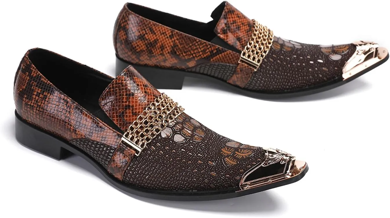 Santimon Men's Dress Loafers, Leather Slip-On Gold Chain Sparkling Shoes for Men -Party Disco Wedding Metallic Tip Smoking Slippers