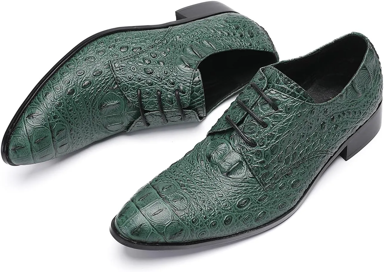 Santimon Men's Genuine Leather Oxfords Dress Shoes - Exotic Crocodile Pattern Lace-Up Formal Shoes, Premium Non-Slip Sole Derby for Business, Wedding and Formal Events