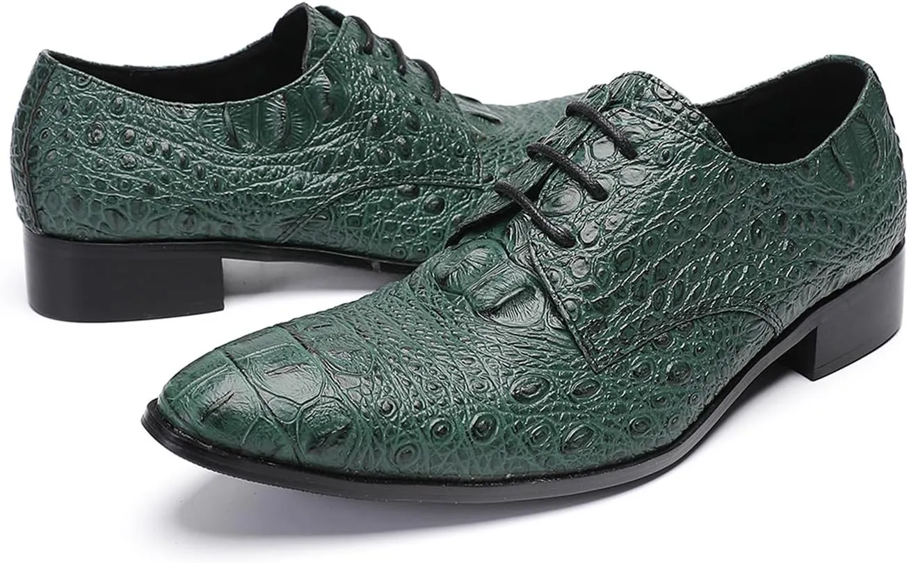 Santimon Men's Genuine Leather Oxfords Dress Shoes - Exotic Crocodile Pattern Lace-Up Formal Shoes, Premium Non-Slip Sole Derby for Business, Wedding and Formal Events