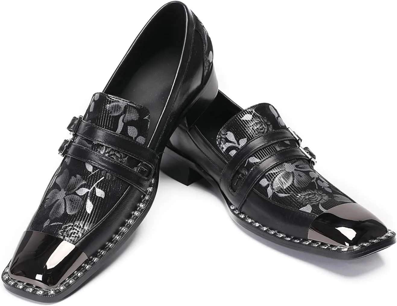 Santimon Mens Loafers Wedding Dress Slip On Shoes Metal Square Toe Penny Loafers Genuine Leather Double Buckles Casual Shoes for Men Prom Western Dsico Ballroom Smoking Mocasines