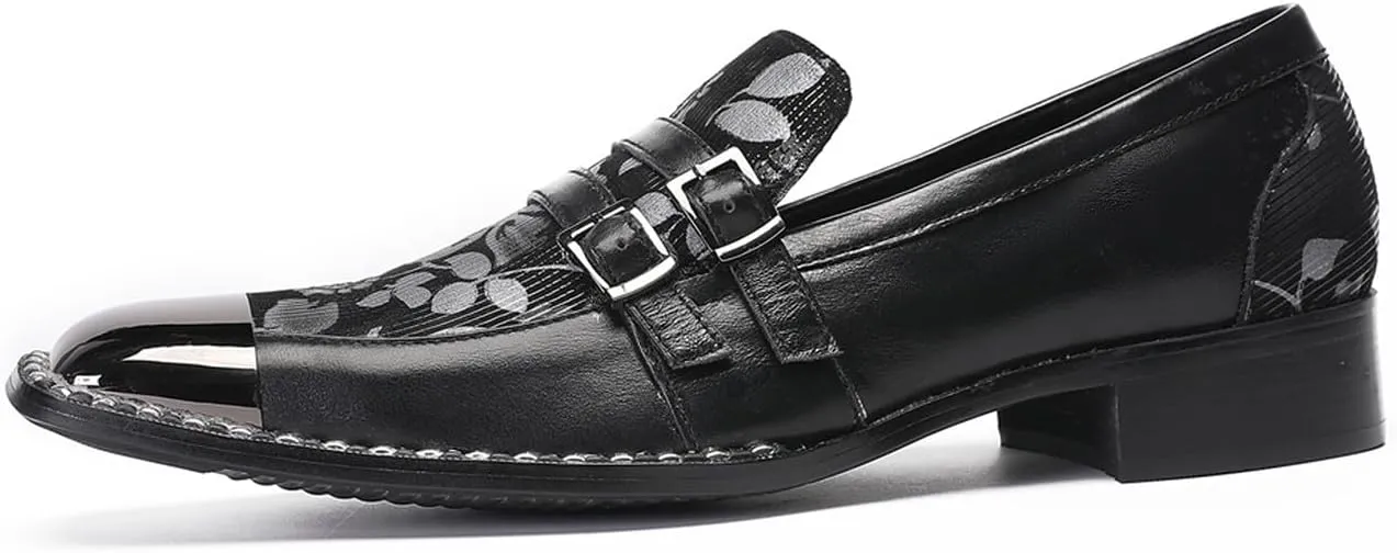 Santimon Mens Loafers Wedding Dress Slip On Shoes Metal Square Toe Penny Loafers Genuine Leather Double Buckles Casual Shoes for Men Prom Western Dsico Ballroom Smoking Mocasines