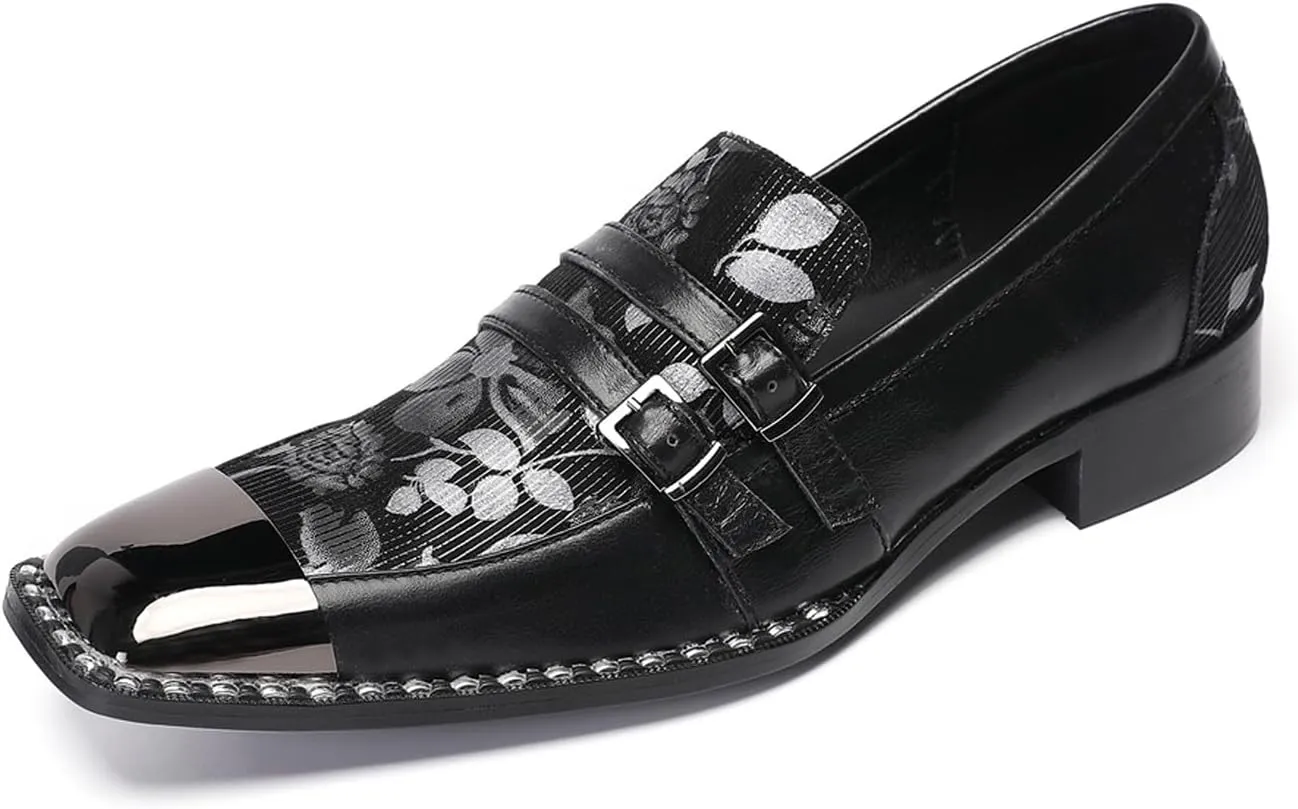 Santimon Mens Loafers Wedding Dress Slip On Shoes Metal Square Toe Penny Loafers Genuine Leather Double Buckles Casual Shoes for Men Prom Western Dsico Ballroom Smoking Mocasines